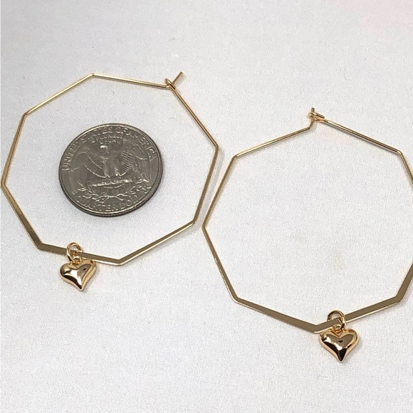 2/$30 NWT 14K Gold Plated Octagonal Hoop Earrings with Gold Plated Mini Hearts - Picture 4 of 10